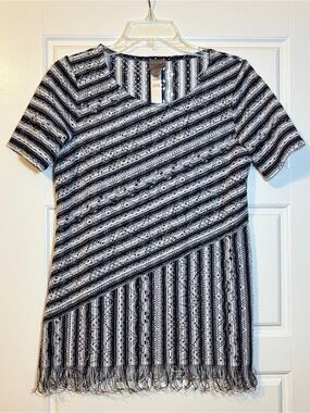Chicos Blue & White Striped Short-Sleeve Open Knit Top with Fringe Hem